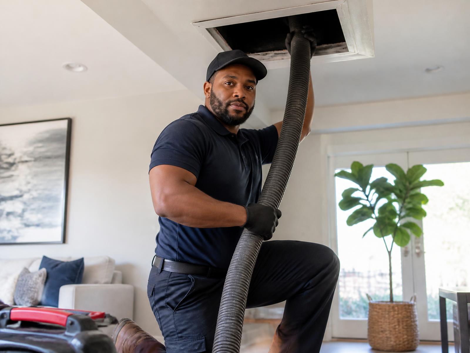 Technician cleaning a ceiling air duct in an Atlanta home