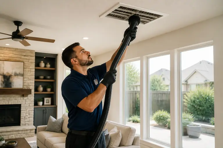 Technician cleaning air vents in a Texas home